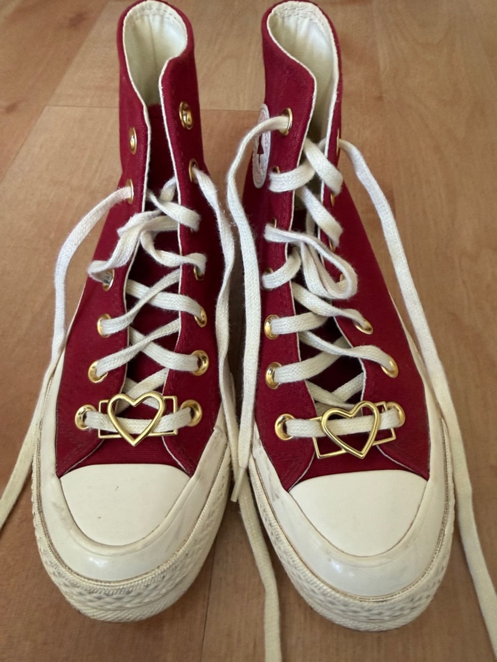 Converse Red High-Top Canvas Sneakers with Gold Heart Hardware
